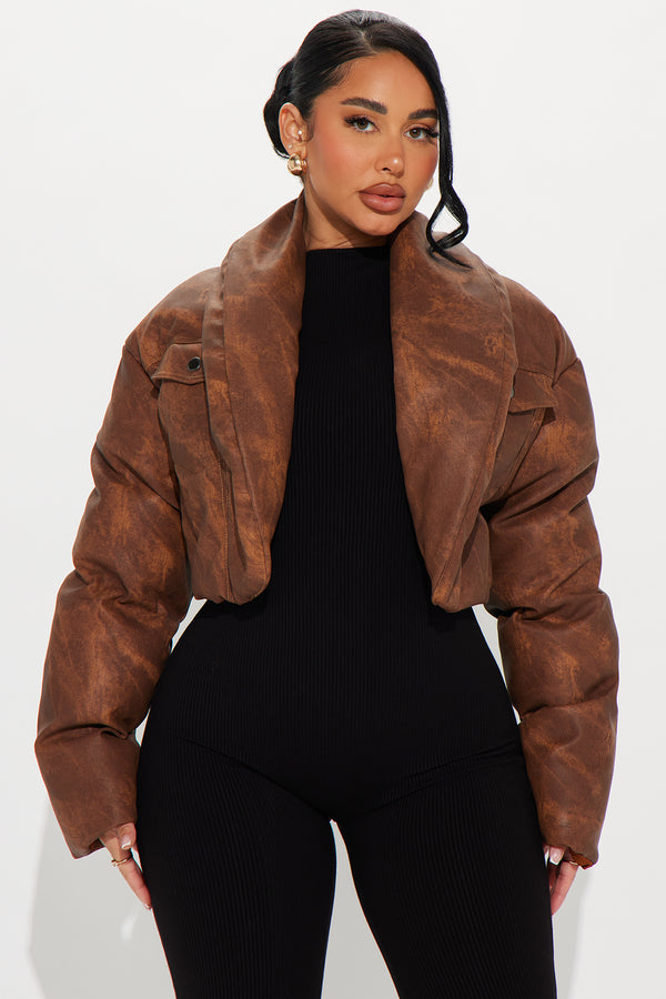 Fashion Nova Cloud Hopping Faux Leather Puffer Jacket - Brown