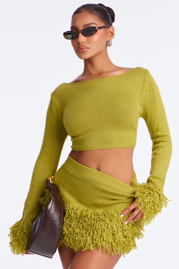 Fashion Nova Collette Fringe Sweater Mini Skirt Set - Chartreuse