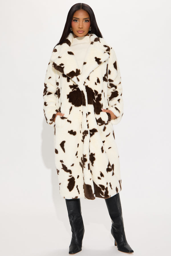 Fashion Nova Cowgirl Glam Faux Fur Cow Print Coat - Brown/combo