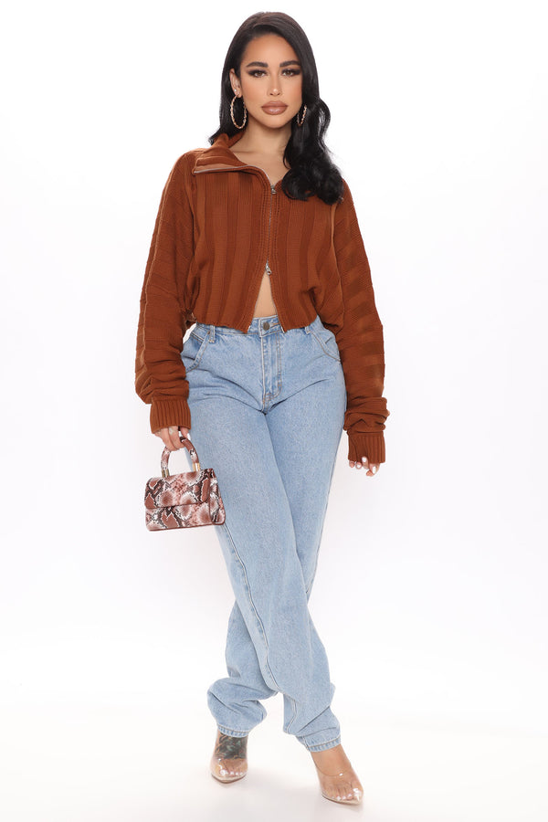 Fashion Nova Cozy Girl Zip Front Cropped Cardigan Sweater - Chestnut