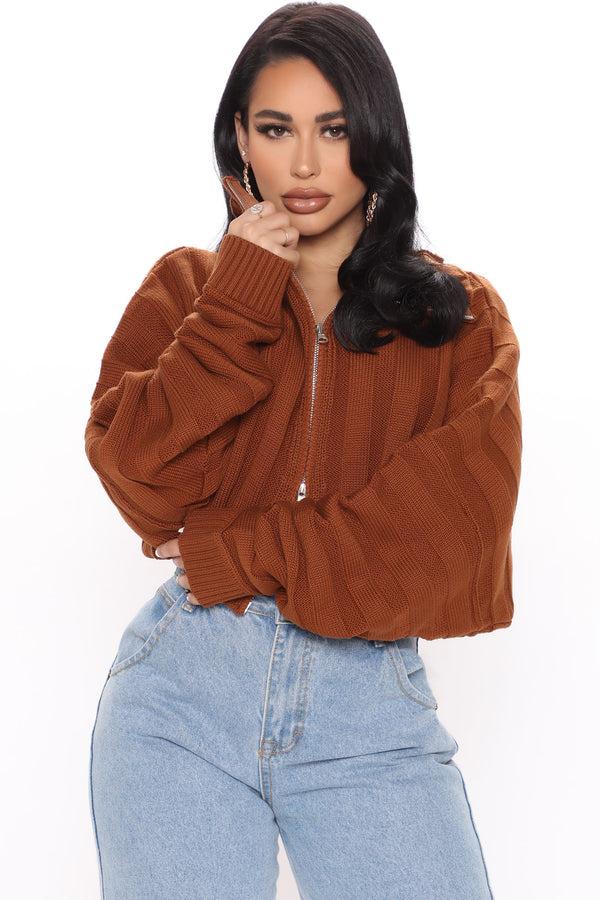 Fashion Nova Cozy Girl Zip Front Cropped Cardigan Sweater - Chestnut