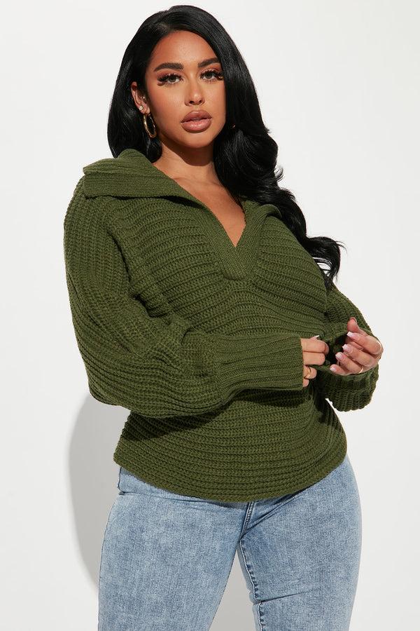 Fashion Nova Cozy Rib Knit Collar Polo Sweater - Hunter
