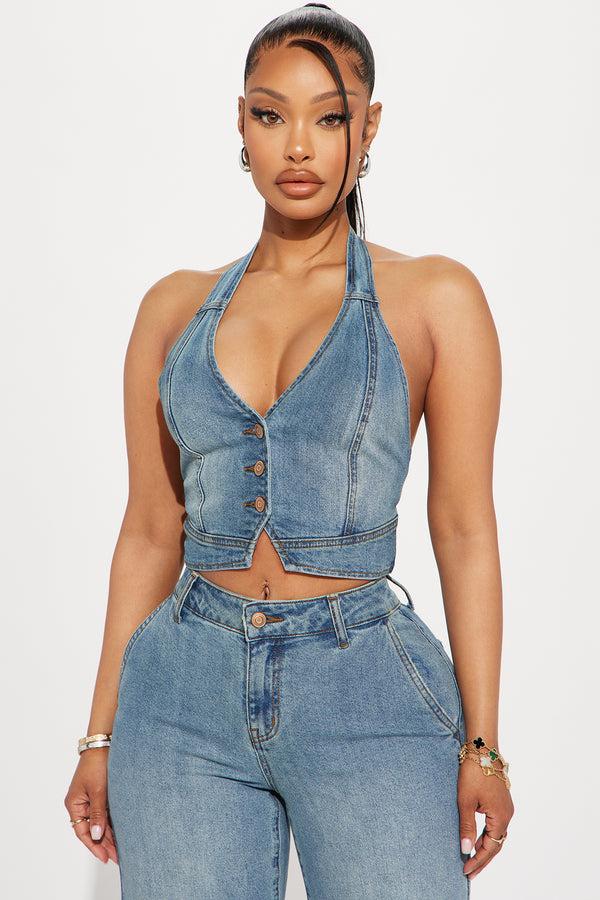Fashion Nova Delusional Denim Halter Top - Medium Wash