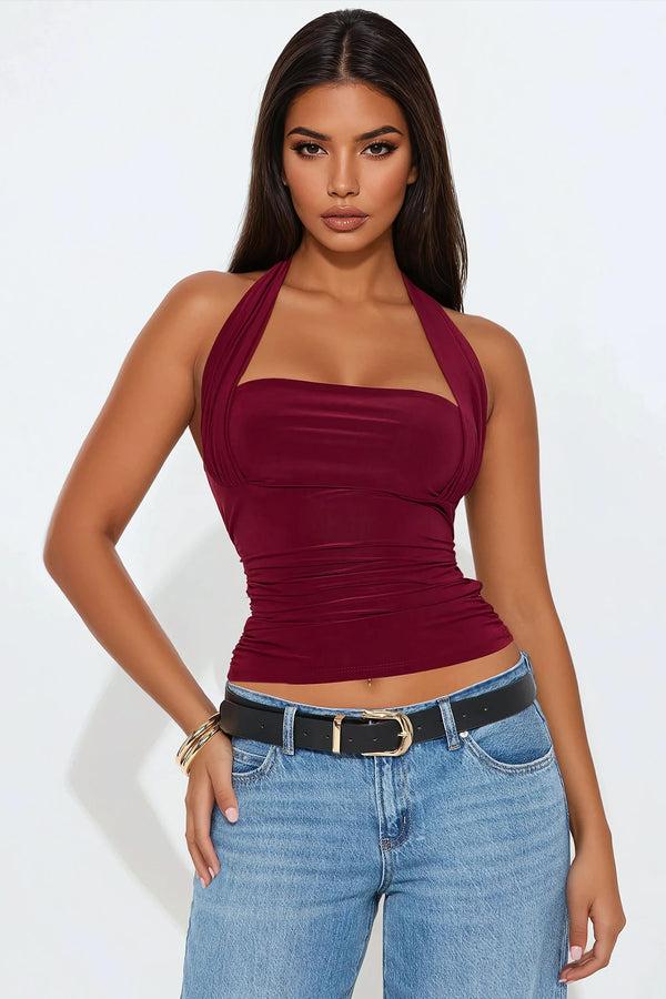 Fashion Nova Don't Overthink Ruched Halter Top - Burgundy