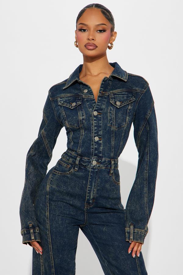 Fashion Nova Downtown Vibe Denim Jumpsuit - Dark Wash
