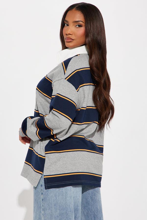 Fashion Nova East Coast Rugby Stripe Polo Top - Heathered Grey