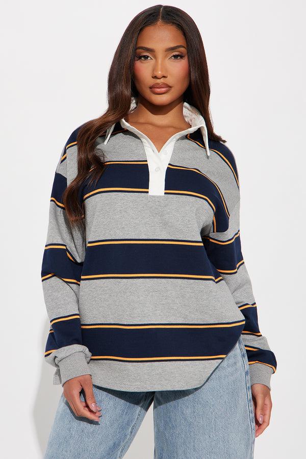 Fashion Nova East Coast Rugby Stripe Polo Top - Heathered Grey