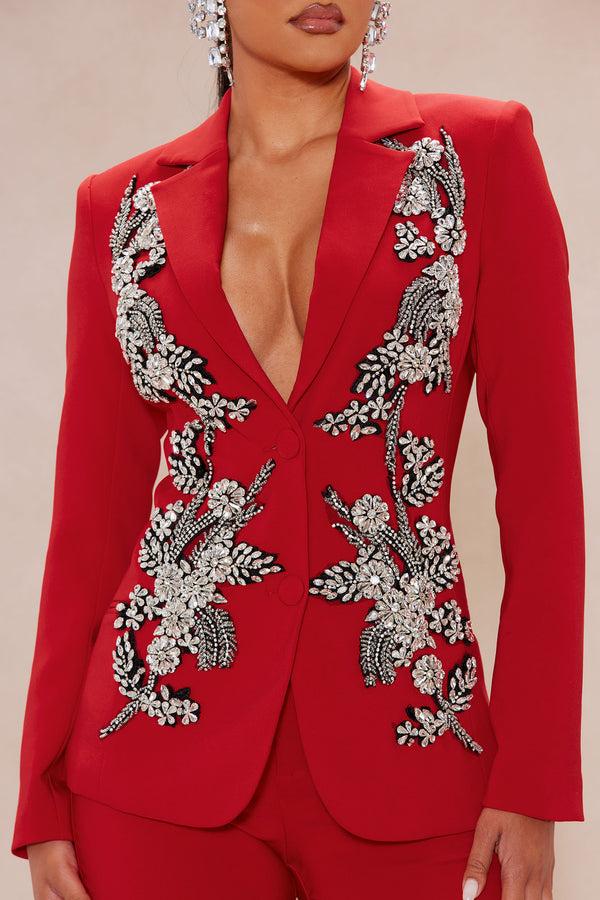Fashion Nova Elegant Embellished Blazer Suit Set - DarkRed