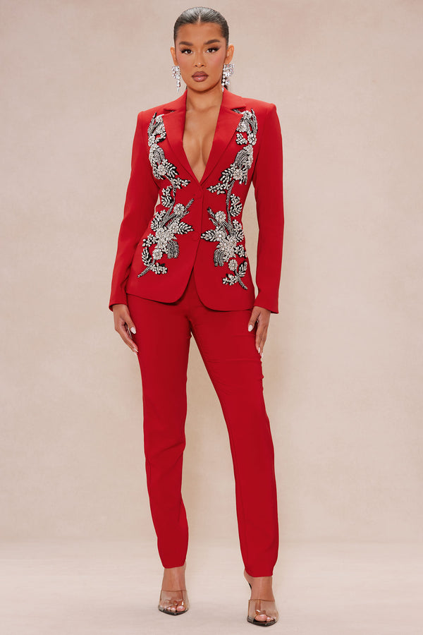 Fashion Nova Elegant Embellished Blazer Suit Set - DarkRed