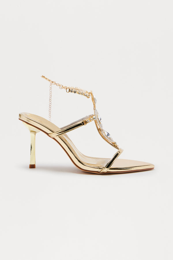 Fashion Nova Emelda Rhinestone Ankle Strap Heels - Gold