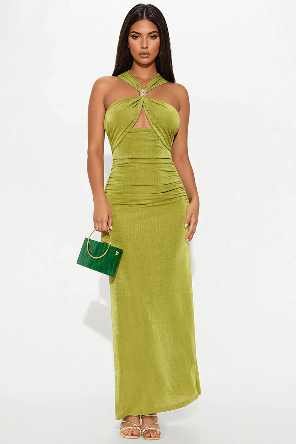 Fashion Nova Alexa Halter Slinky Maxi Dress - Green
