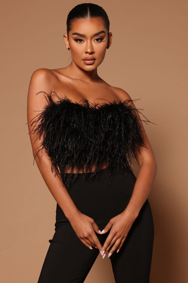 Fashion Nova Asalia Feathered Top - Black