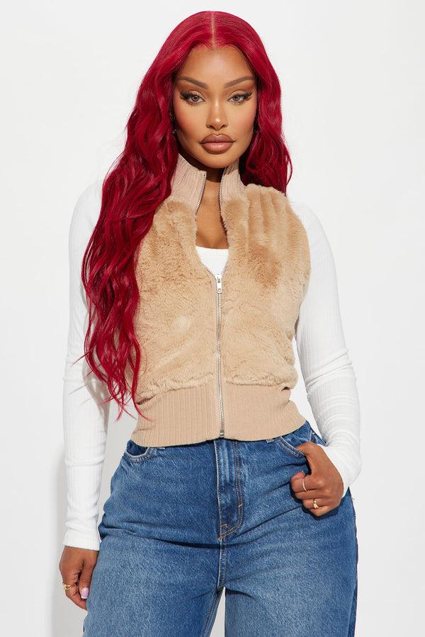 Fashion Nova Aspen Faux Fur Sweater Vest - Camel