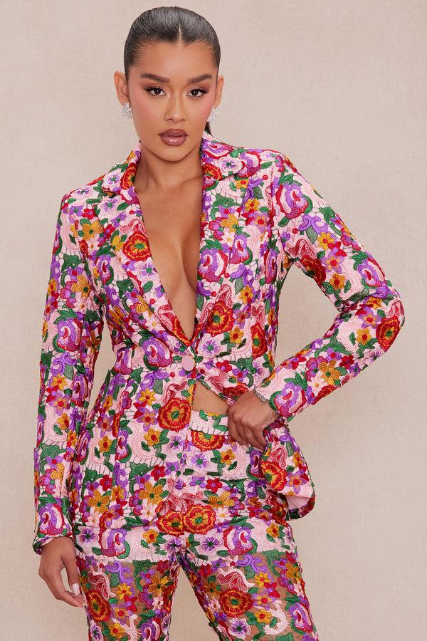 Fashion Nova Aubrey Floral Lace Blazer - Pink/combo