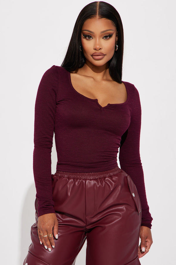 Fashion Nova Bambi Ribbed Long Sleeve Top - Wine