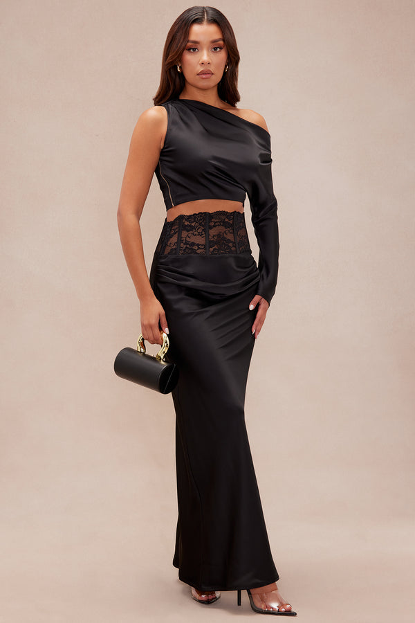 Fashion Nova Bella Lace Satin Skirt Set - Black