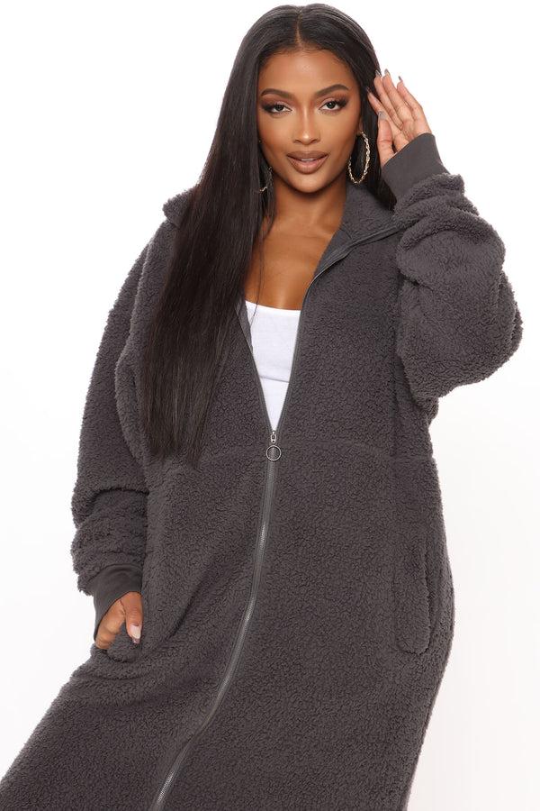 Fashion Nova Cabin Stay Sherpa Jacket - Charcoal