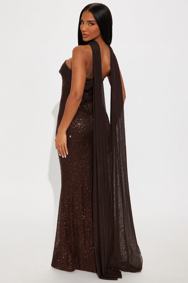 Fashion Nova Cinnamon Sugar Sequin Gown - Chocolate