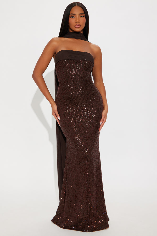 Fashion Nova Cinnamon Sugar Sequin Gown - Chocolate