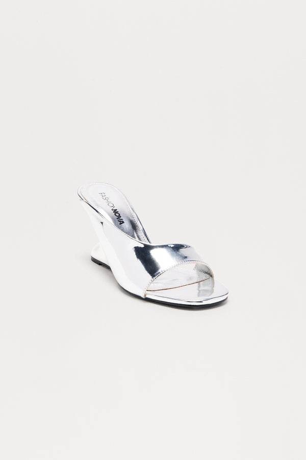 Fashion Nova Curve Faux Patent Wedges - Silver
