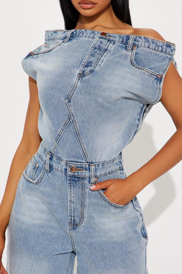 Fashion Nova Dakota Denim Jort Romper - Light Wash