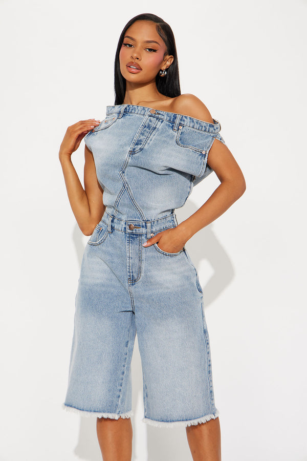 Fashion Nova Dakota Denim Jort Romper - Light Wash
