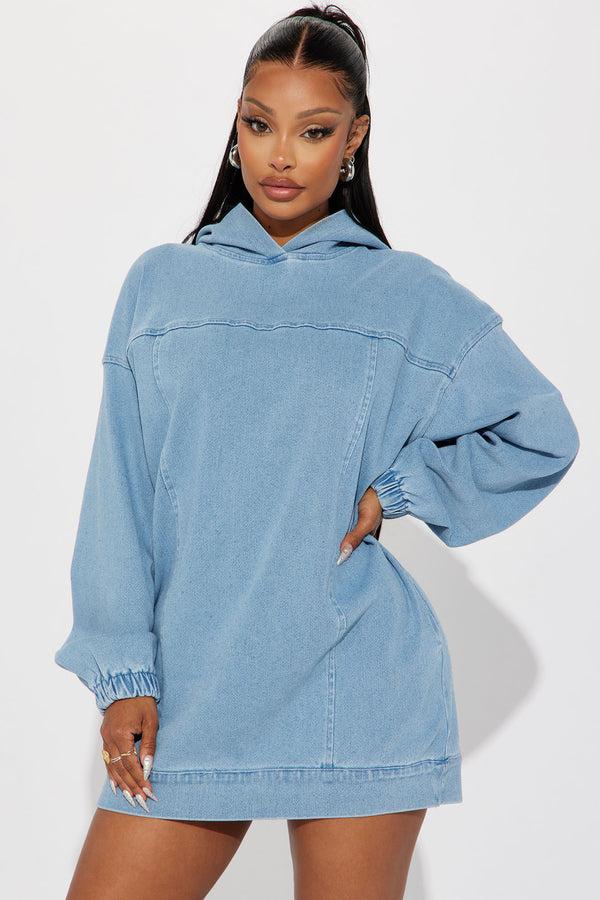 Fashion Nova Dani Denim Sweatshirt Mini Dress - Blue