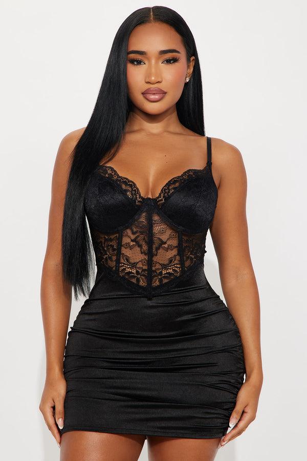 Fashion Nova Date Night Ruched Satin Chemise - Black