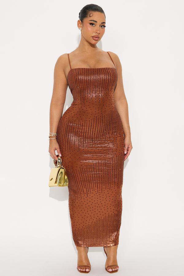 Fashion Nova Diamond Crush Rhinestone Gown - Copper