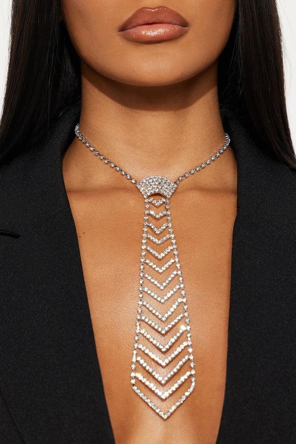 Fashion Nova Diamond Drape Tie Necklace - Silver