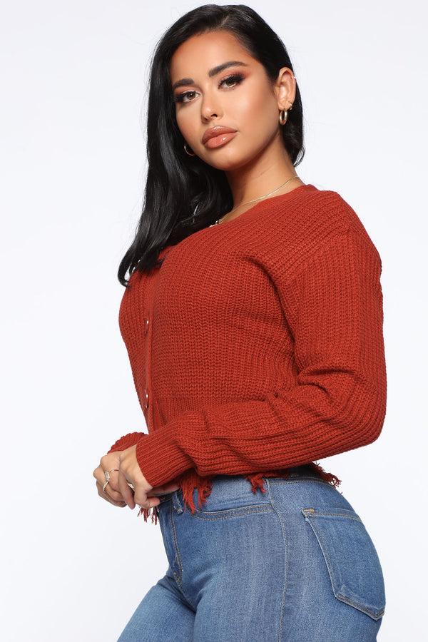 Fashion Nova Distressed With You Cardigan - Rust