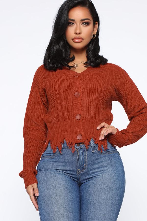 Fashion Nova Distressed With You Cardigan - Rust