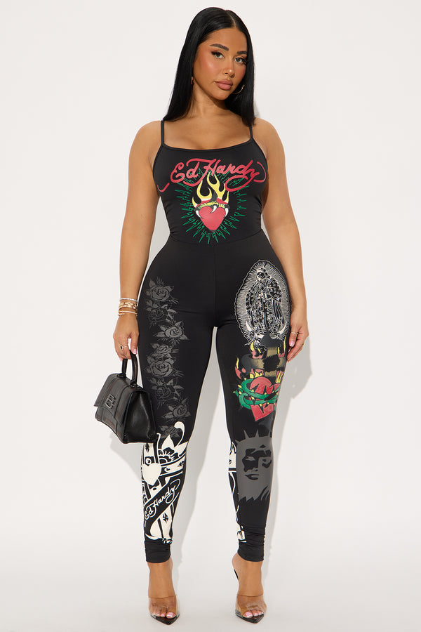 Fashion Nova Ed Hardy Sacred Heart Jumpsuit - Black