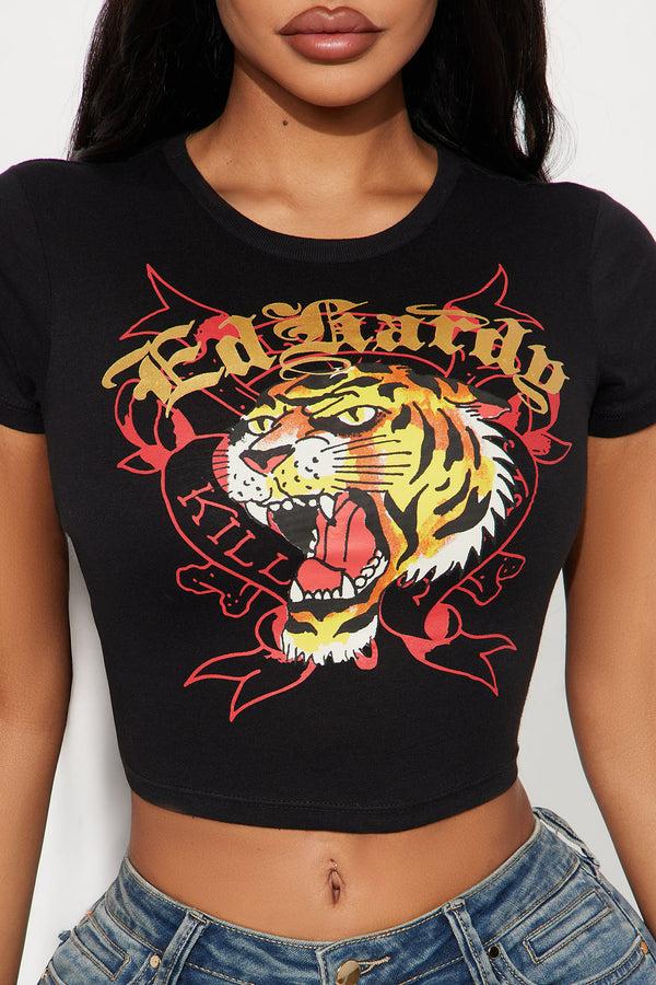 Fashion Nova Ed Hardy Tiger Head Baby Tee - Black