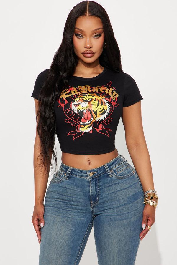 Fashion Nova Ed Hardy Tiger Head Baby Tee - Black