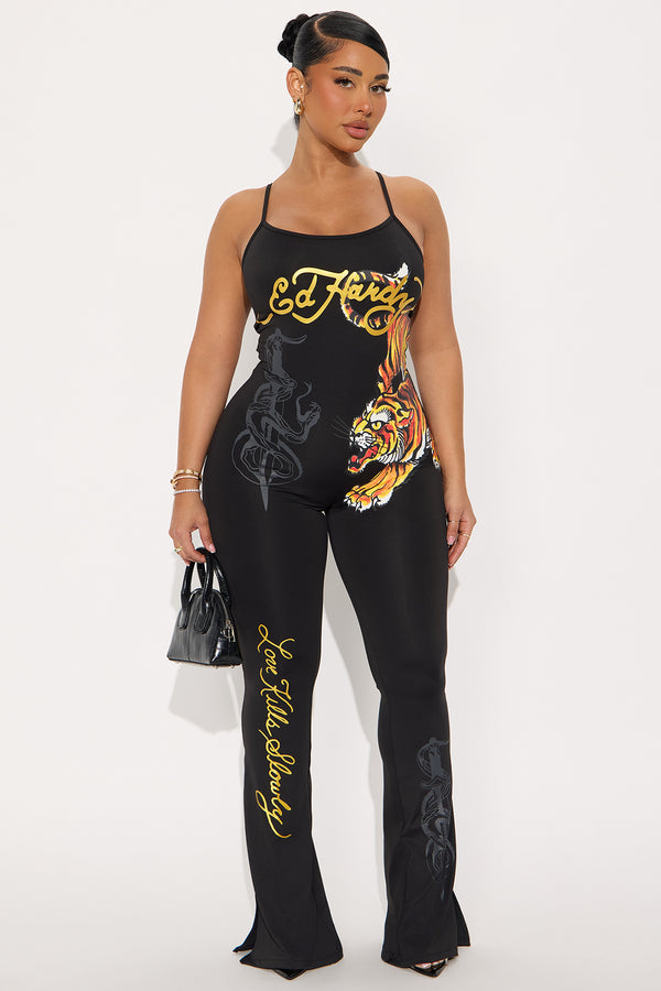 Fashion Nova Ed Hardy Tiger Jumpsuit - Black
