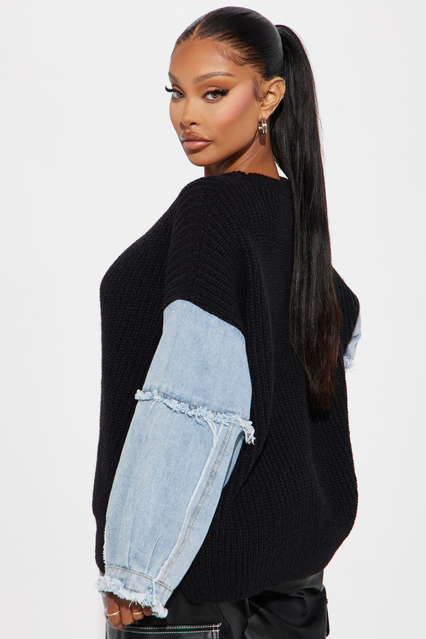 Fashion Nova Ella Denim Sweater - Black/Blue