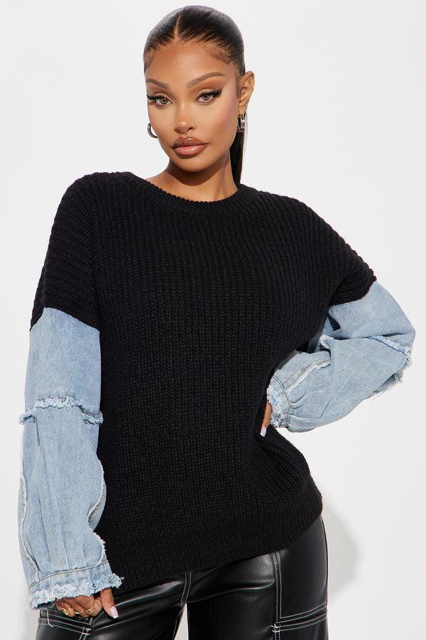 Fashion Nova Ella Denim Sweater - Black/Blue