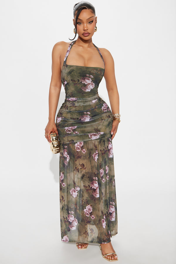 Fashion Nova Harmony Halter Mesh Maxi Dress - Olive