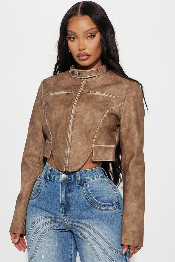 Fashion Nova Ines Washed Faux Leather Jacket - Taupe