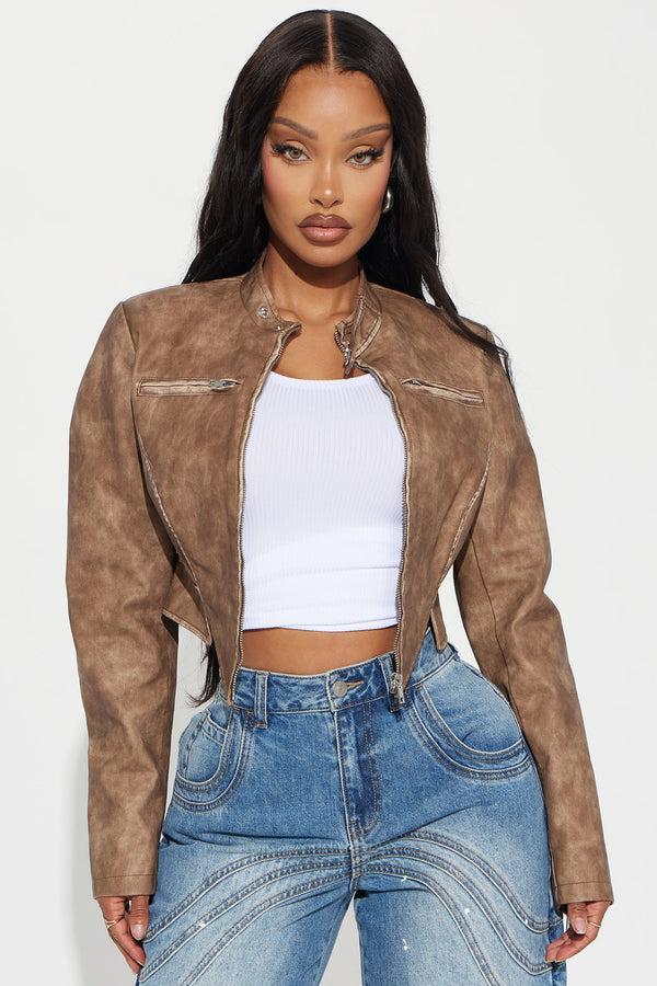 Fashion Nova Ines Washed Faux Leather Jacket - Taupe