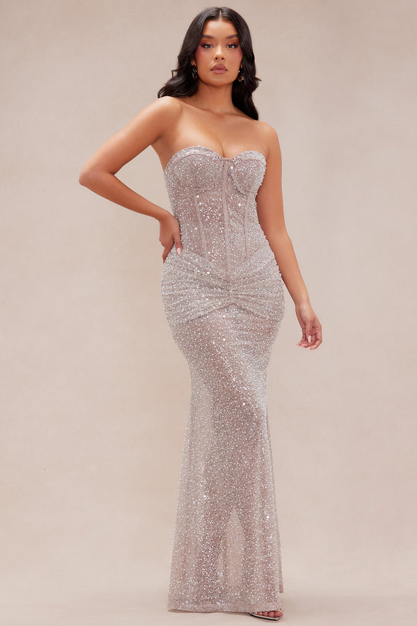 Fashion Nova Janet Embellished Maxi Dress - Nude