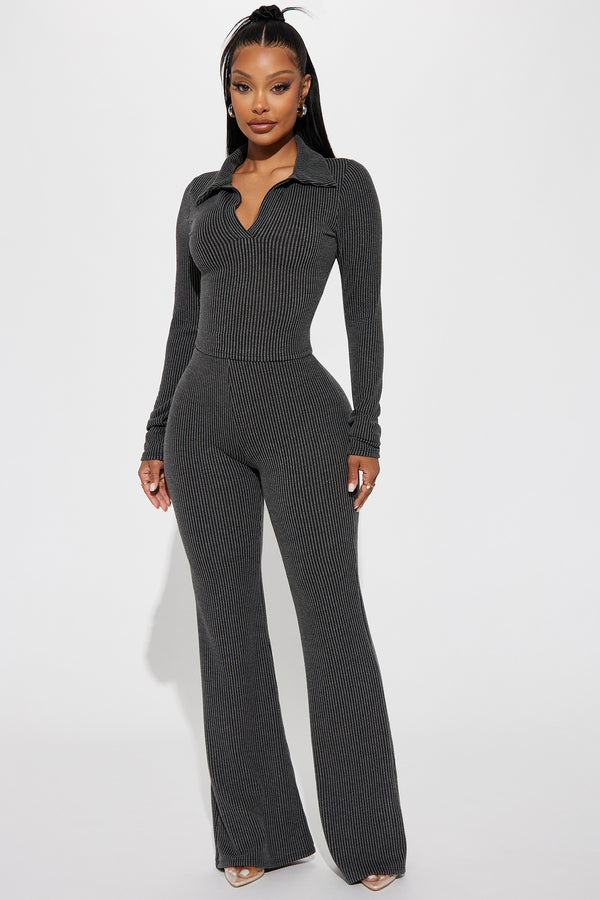 Fashion Nova Josie Ribbed Long Sleeve Set - Charcoal