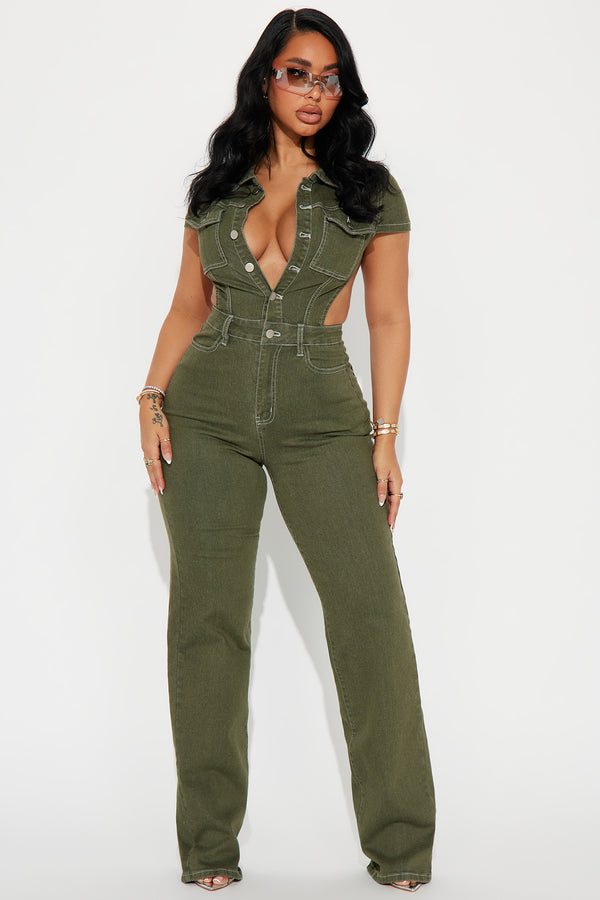 Fashion Nova Kamaria Denim Jumpsuit - Olive