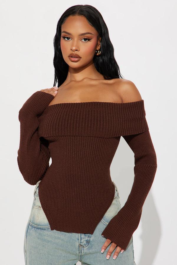 Fashion Nova Karma Off Shoulder Sweater - Chocolate