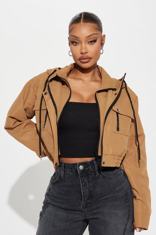 Fashion Nova Kelsie Hooded Cropped Jacket - Khaki