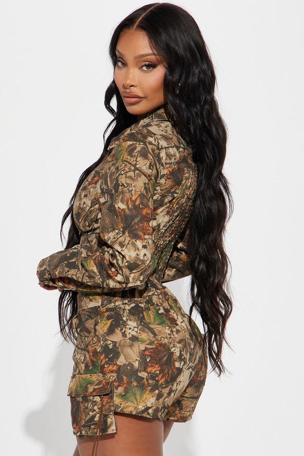 Fashion Nova Leila Camo Romper - Brown/combo