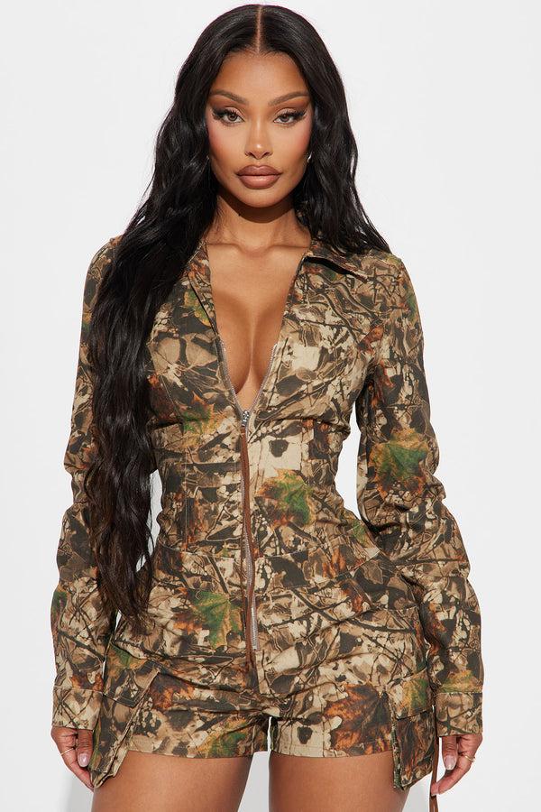 Fashion Nova Leila Camo Romper - Brown/combo