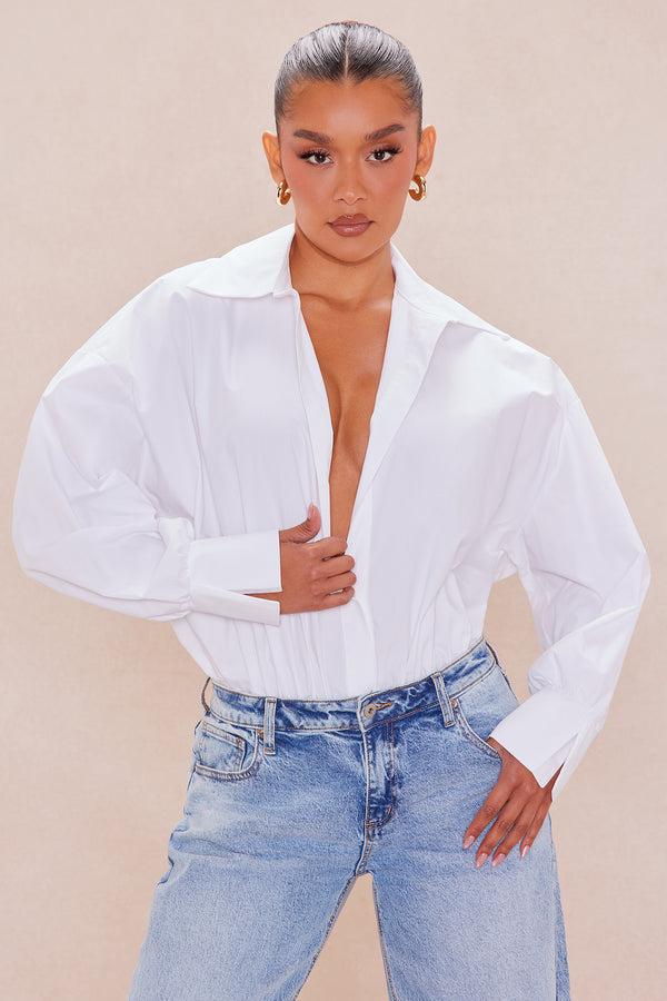 Fashion Nova Leonie Poplin Collared Bodysuit - White