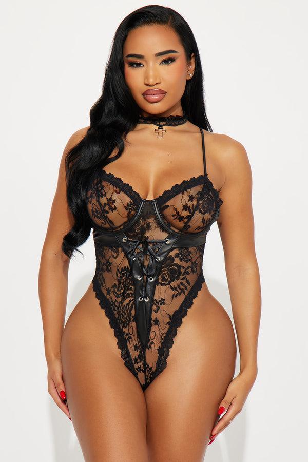 Fashion Nova Lethal Lace Bodysuit Teddy - Black